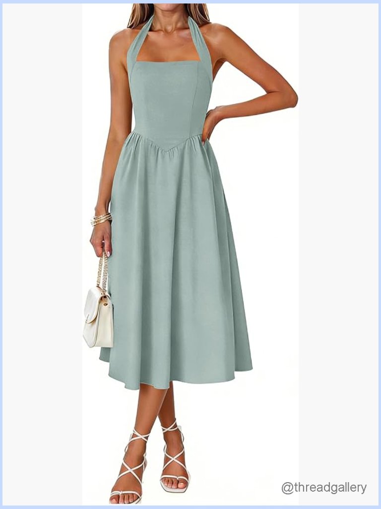 Women's Sleeveless Halter Midi Dress Flowy High Waist A-Line Swing